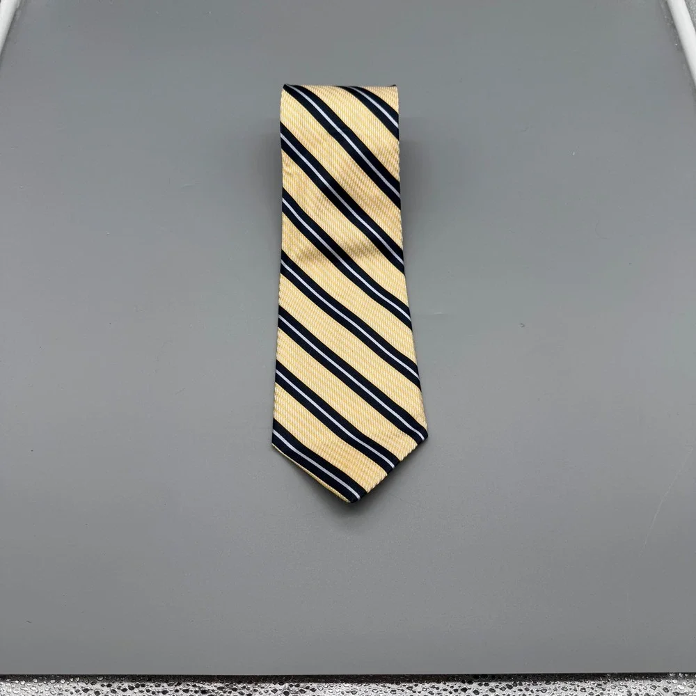 Studio‎ Milan Mens Silk Tie Yellow Navy Blue White Striped Made in USA Classic